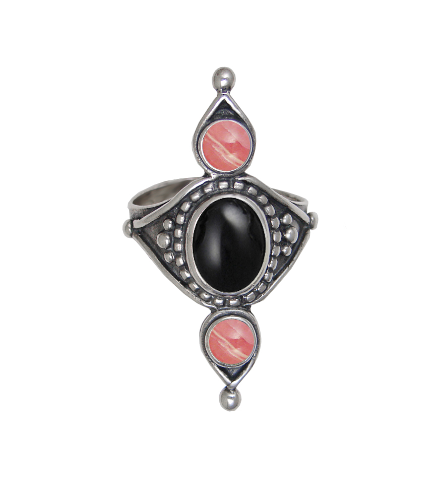 Sterling Silver Royal Ring With Black Onyx And Rhodocrosite Size 7